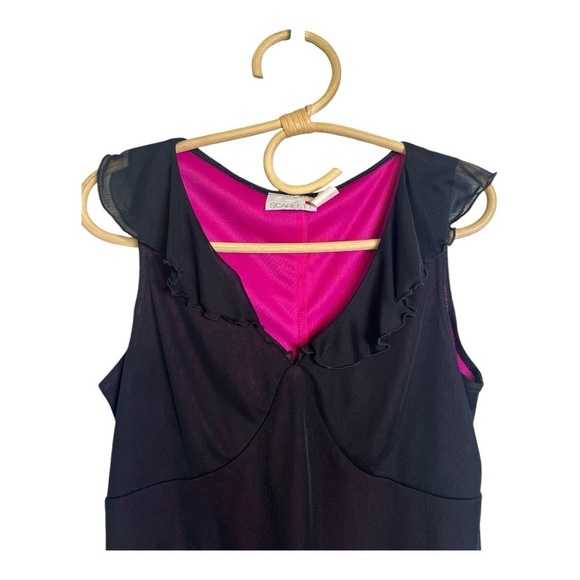 Vintage Scarlett Black Sheer Overlay Hot Pink Ruffle Collar Hem Mini Shirt Dress - Picture 2 of 13